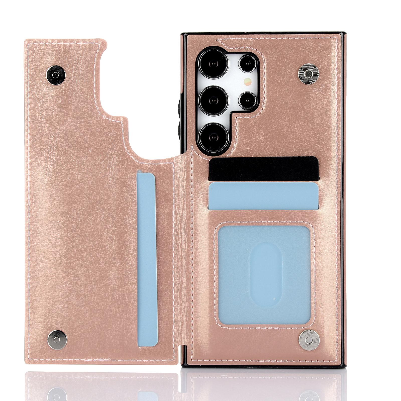 Samsung Galaxy S24 Ultra Hybrid Leder Hülle mit Kartenfach   Kickstand Aufsteller - Roségold
