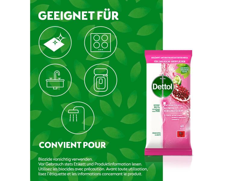 Dettol Allzweck-Reinigungstücher Granatapfel & Limette 60 S Antibakterieller Oberflächenreiniger mit fruchtigem Duft