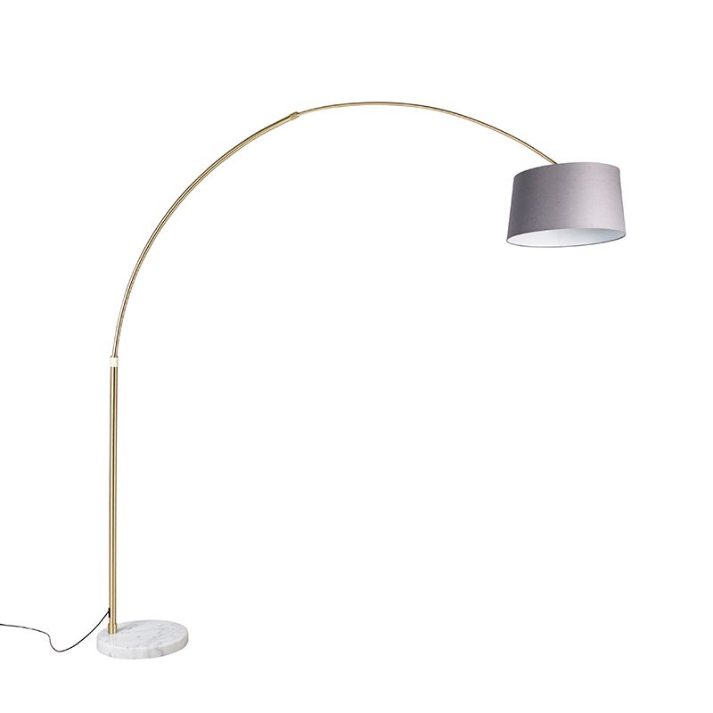 Booglamp messing met marmer stoffen kap grijs 45 cm - XXL
