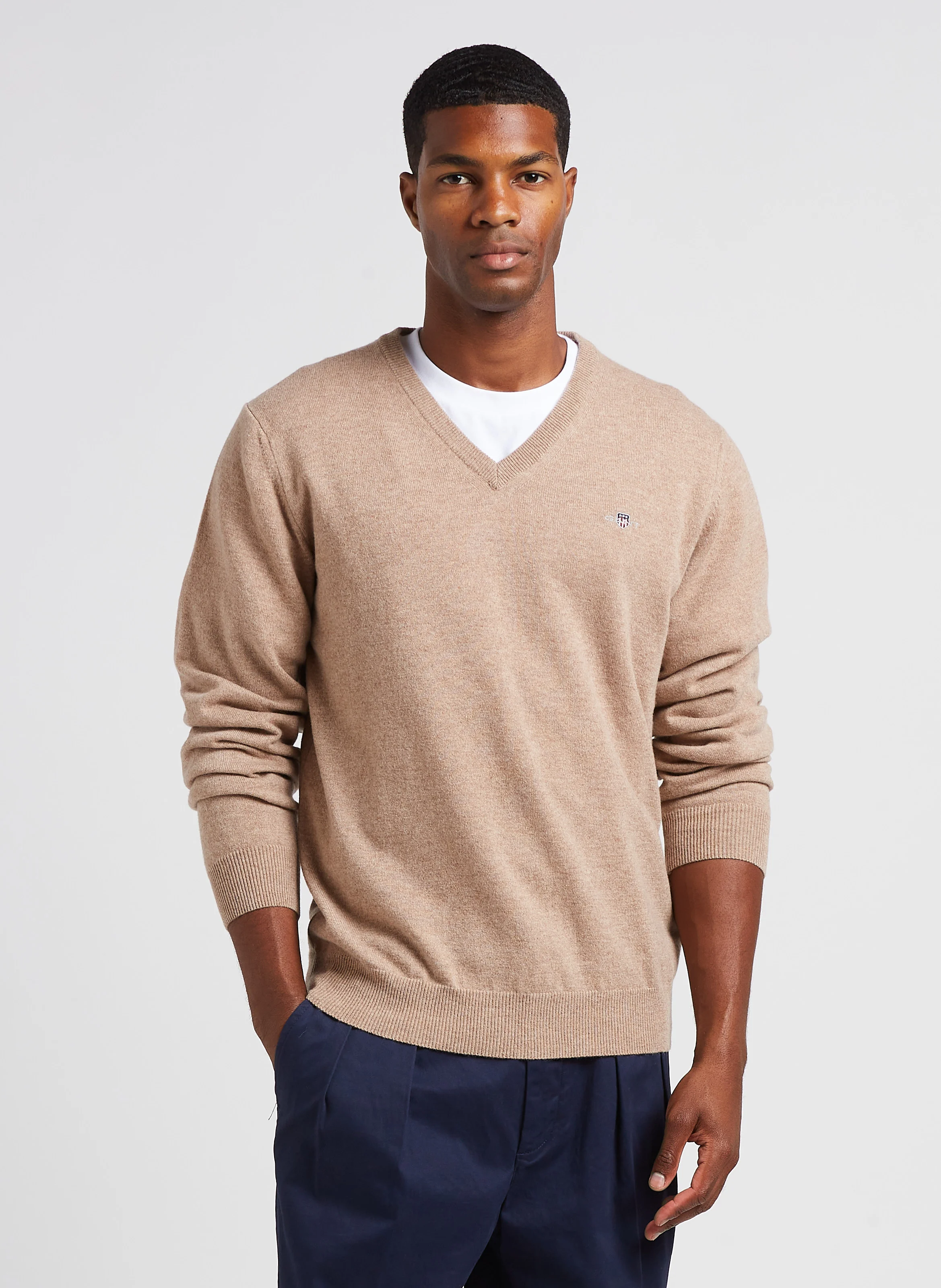 Pull droit col V brodé en laine | Beige