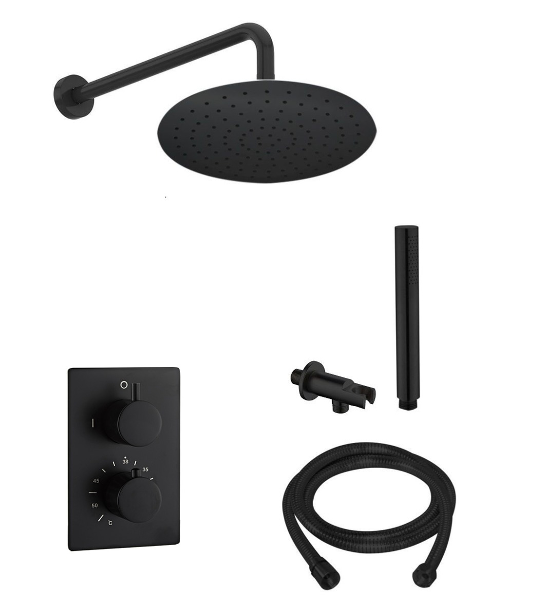 Saniclear Nero inbouw regendouche mat zwart met wandarm hoofddouche 20cm