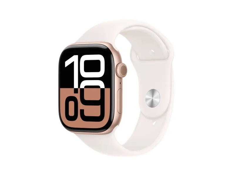 Apple Watch Series 10 (GPS) - 46 mm - roseguldaluminium - smart ur med sportsbånd - fluoroelastomer - lyserød - båndstørrelse: M/L - 64 GB - Wi-Fi 4, UWB, Bluetooth - 36.4 g