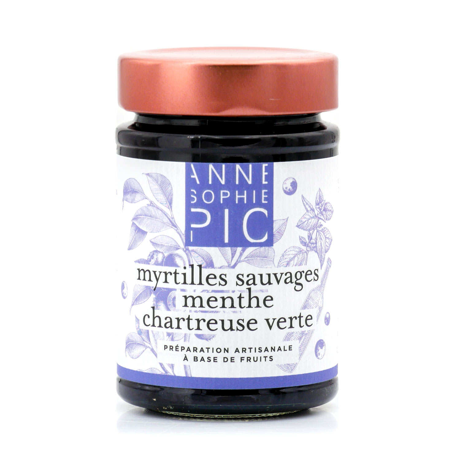 Confiture de myrtille sauvage, menthe et chartreuse verte