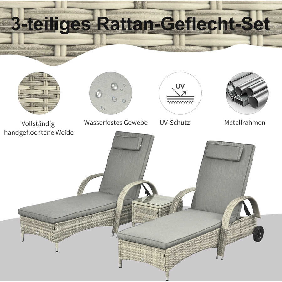 Outsunny Rattan Sonnenliegen mit Tisch grau