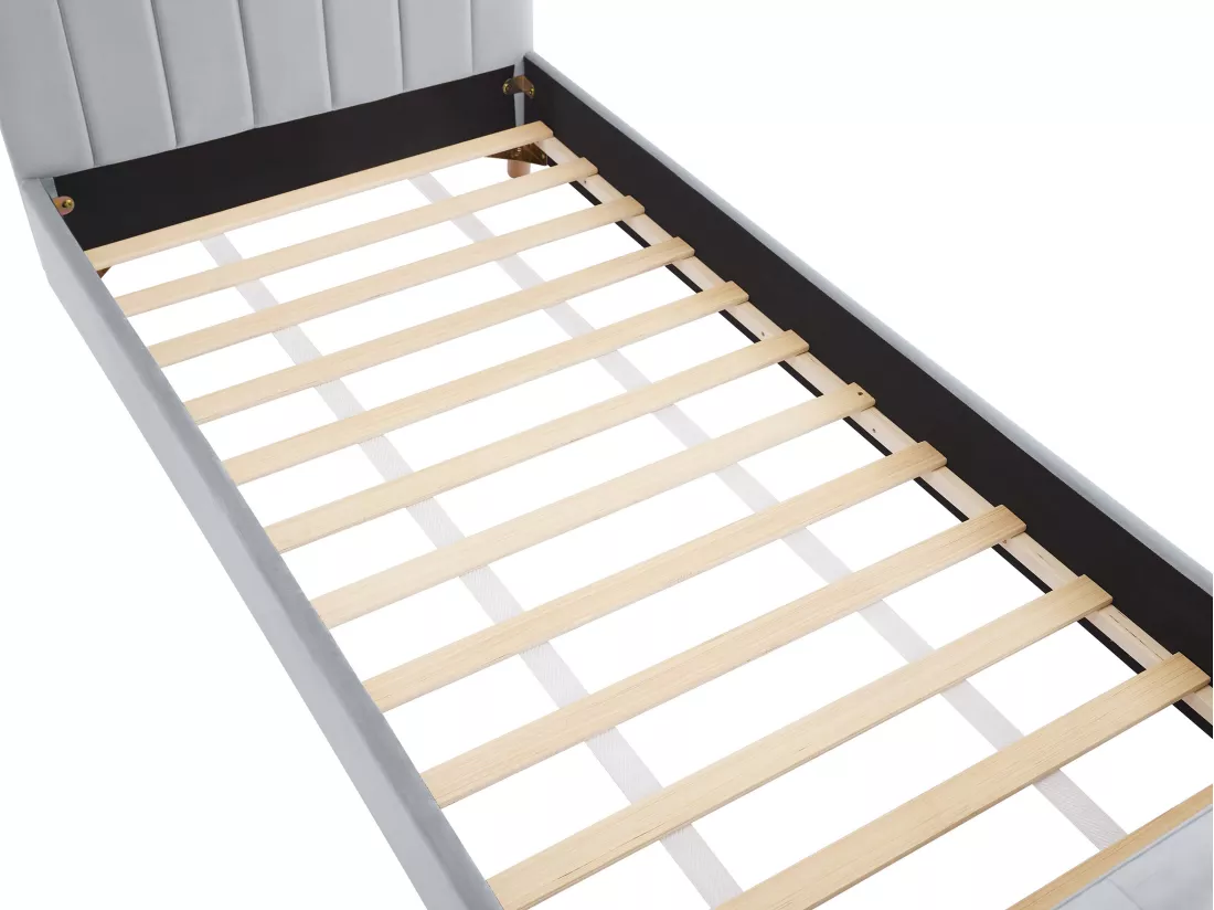 Lit 90 x 190 cm - Velours avec coutures verticales - Gris + Matelas - ROGADI