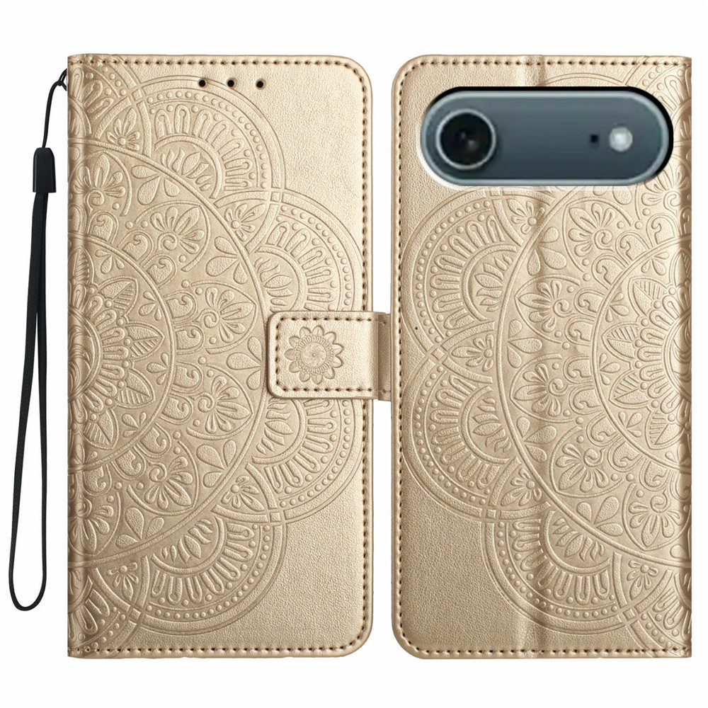 iPhone Air Leder Tasche Wallet - Mandala Flowers Imprint - Gold