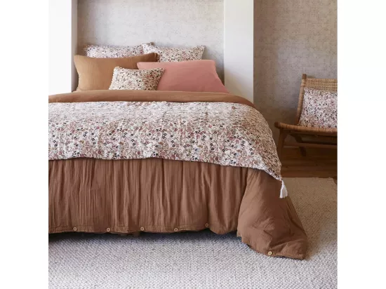 ADONIS - Chemin de Lit 90x200cm Gaze de Coton Blanc Imprimé Fleur Détail 4 Pompons