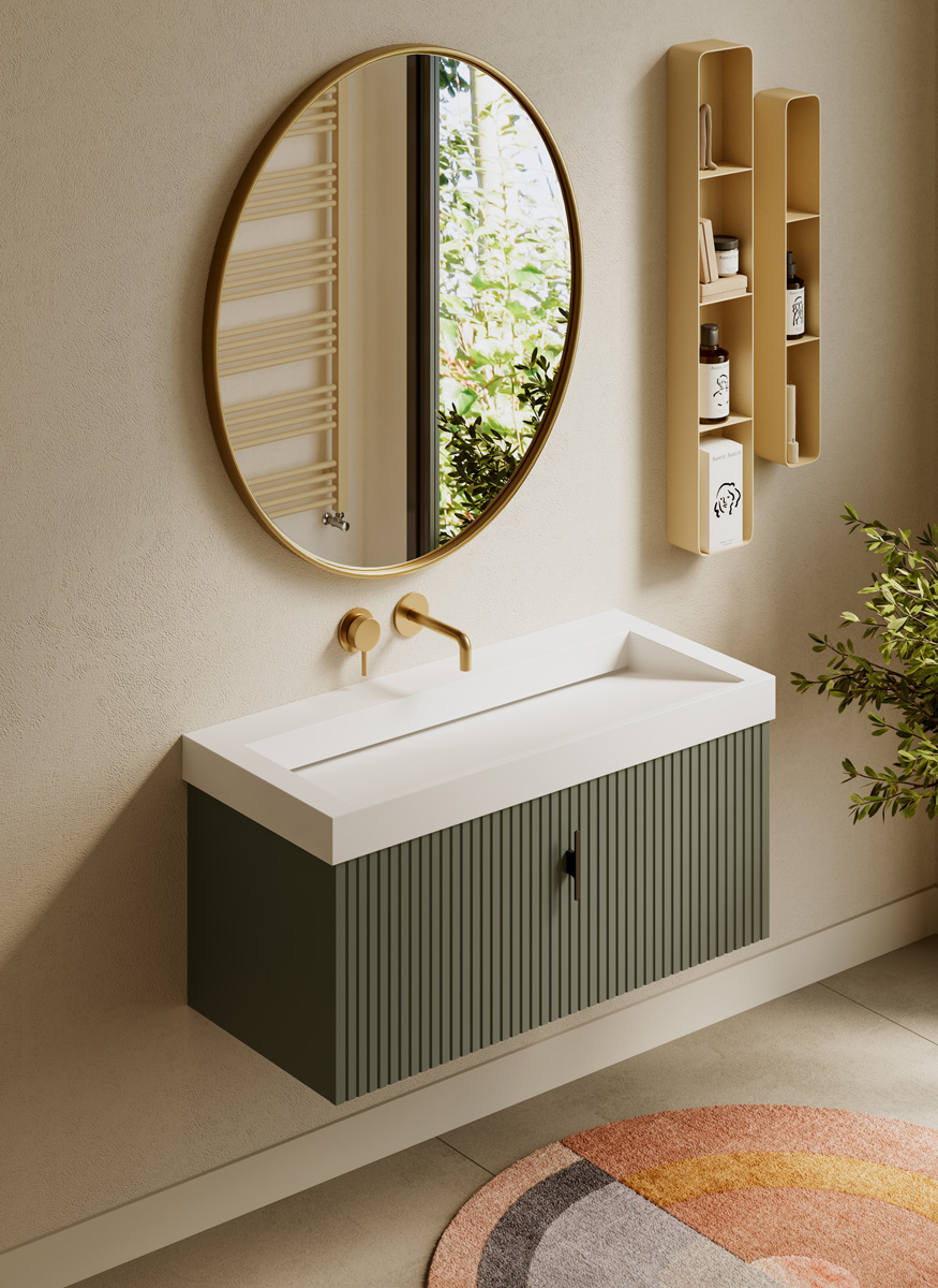 Muebles Calas badmeubel ribbelfront 100cm legergroen met solid surface wastafel zonder kraangat