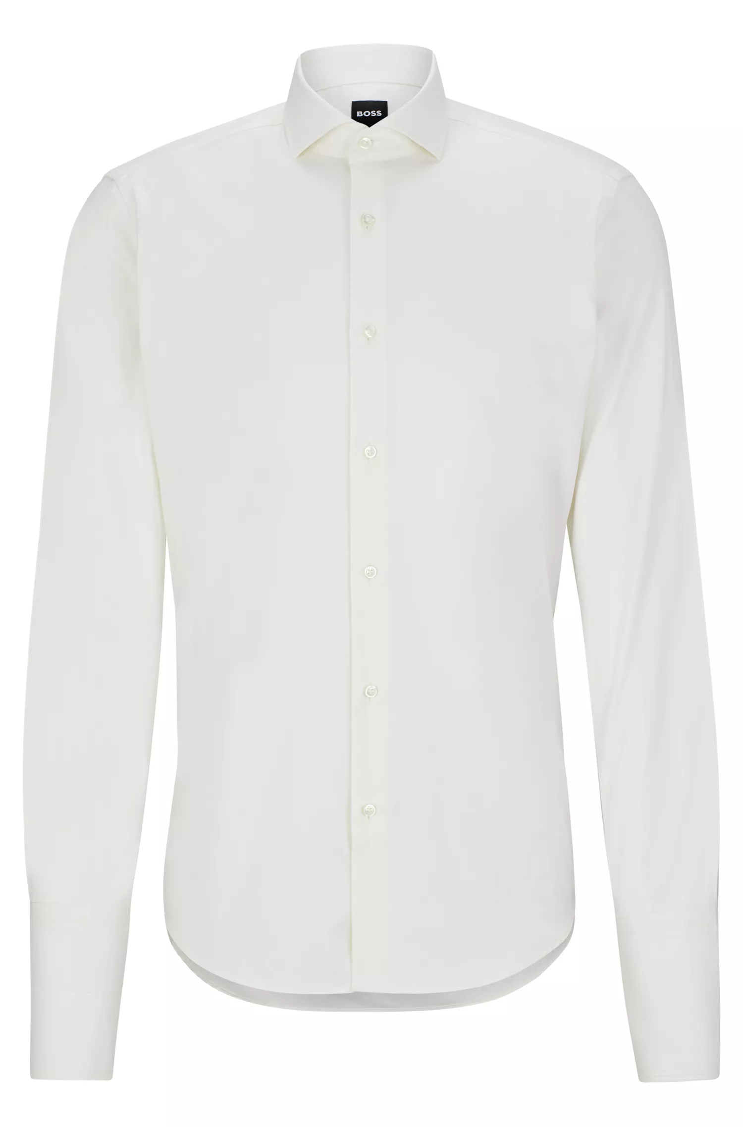 Camisa BOSS preta de corte regular em sarja de algodão com elastano.