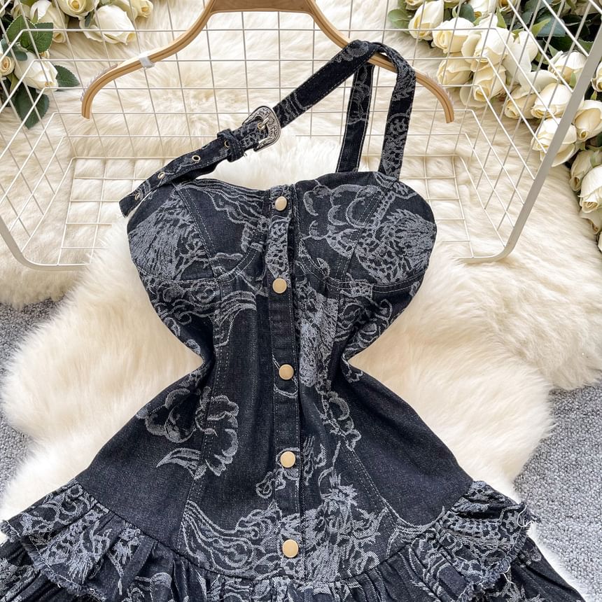 Lucuna - Asymmetrische mouwloze, een-schouder, gebloemde, gelaagde, geplooide, knoopsluiting, mesh mini-A-lijn denimjurk