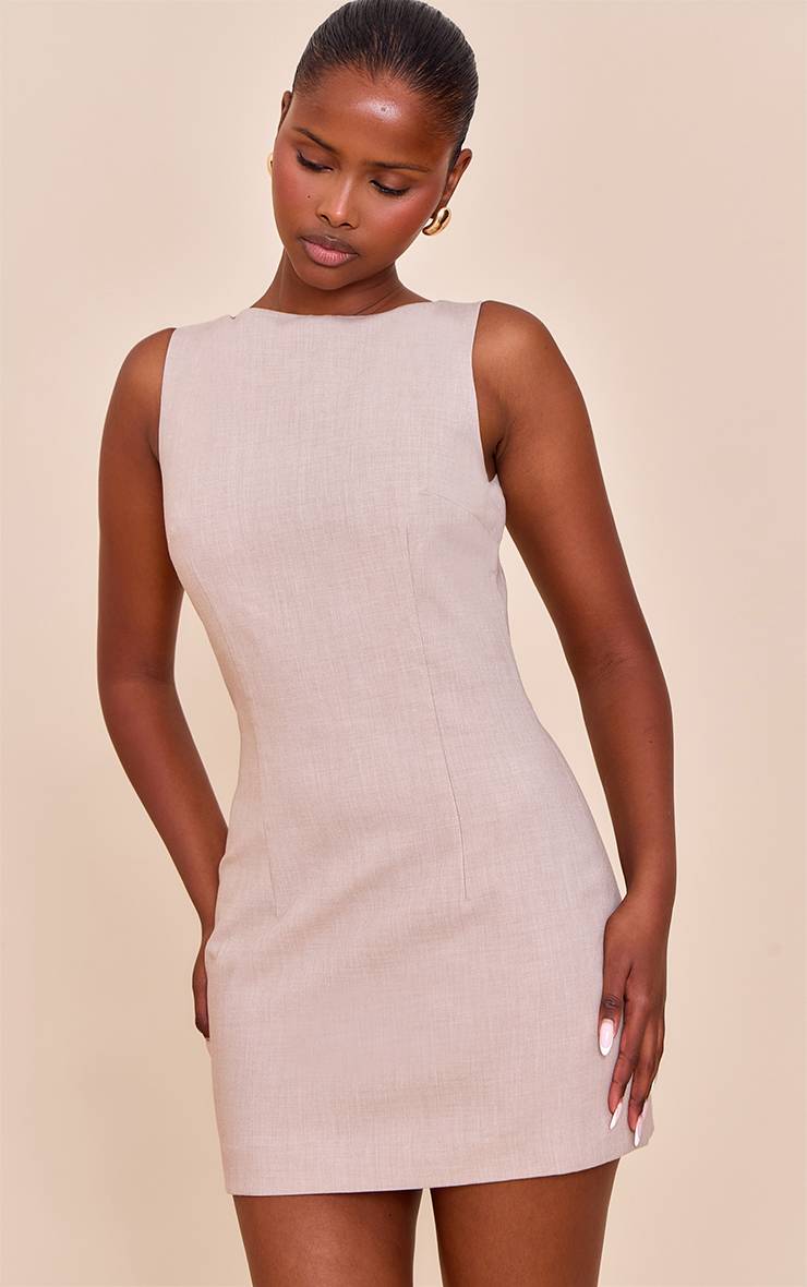 Beige Robe Courte Tissée À Encolure Oblique