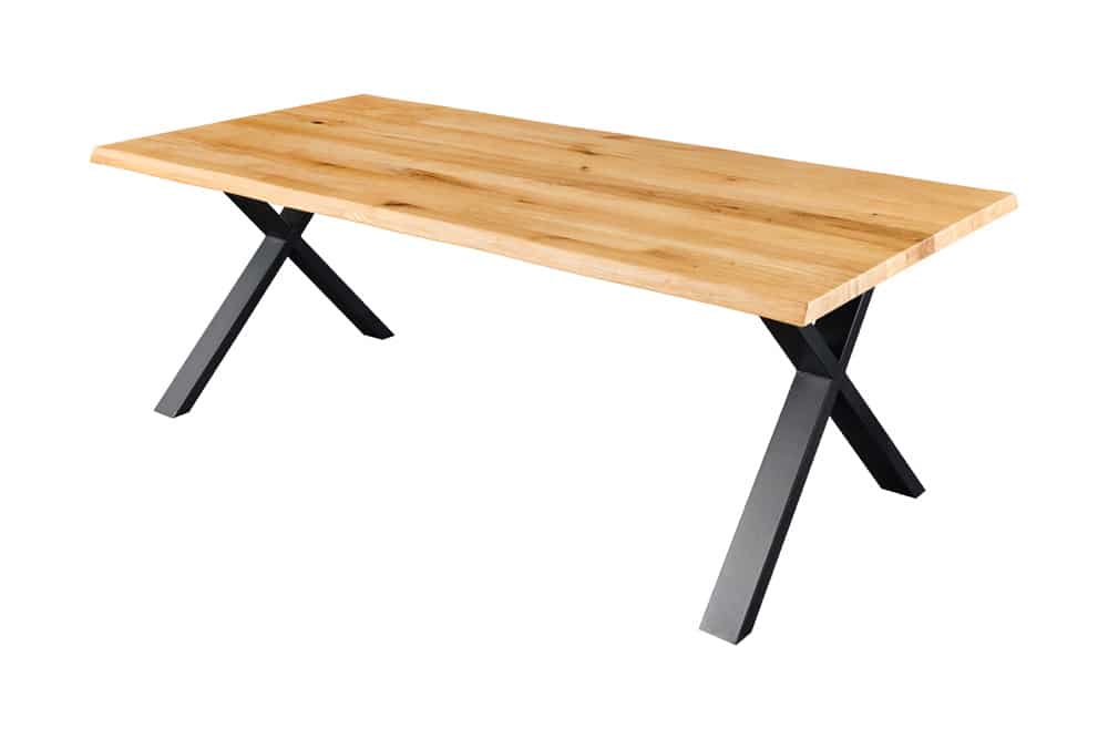 Massivholz Esstisch WILD OAK 200cm natur schwarz Wildeiche Baumkante geölt X-Gestell