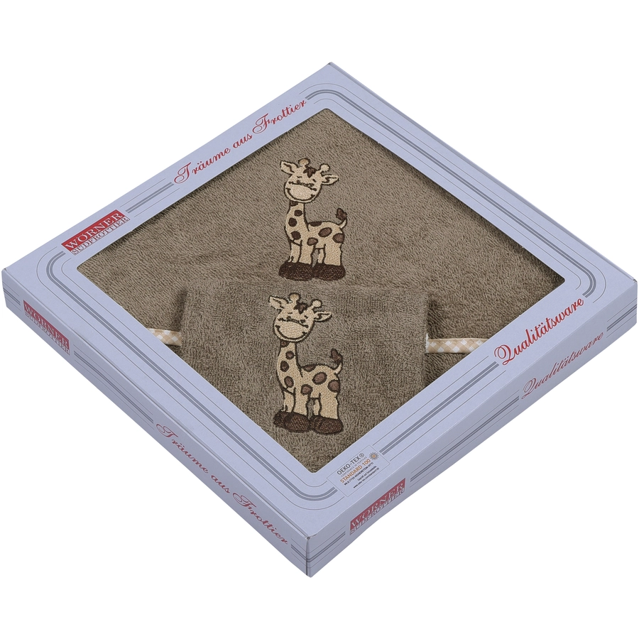 WÖRNER SÜDFROTTIER Set Kapuzenbadetuch und Waschhandschuh Giraffe hellbraun 80 x 80 cm