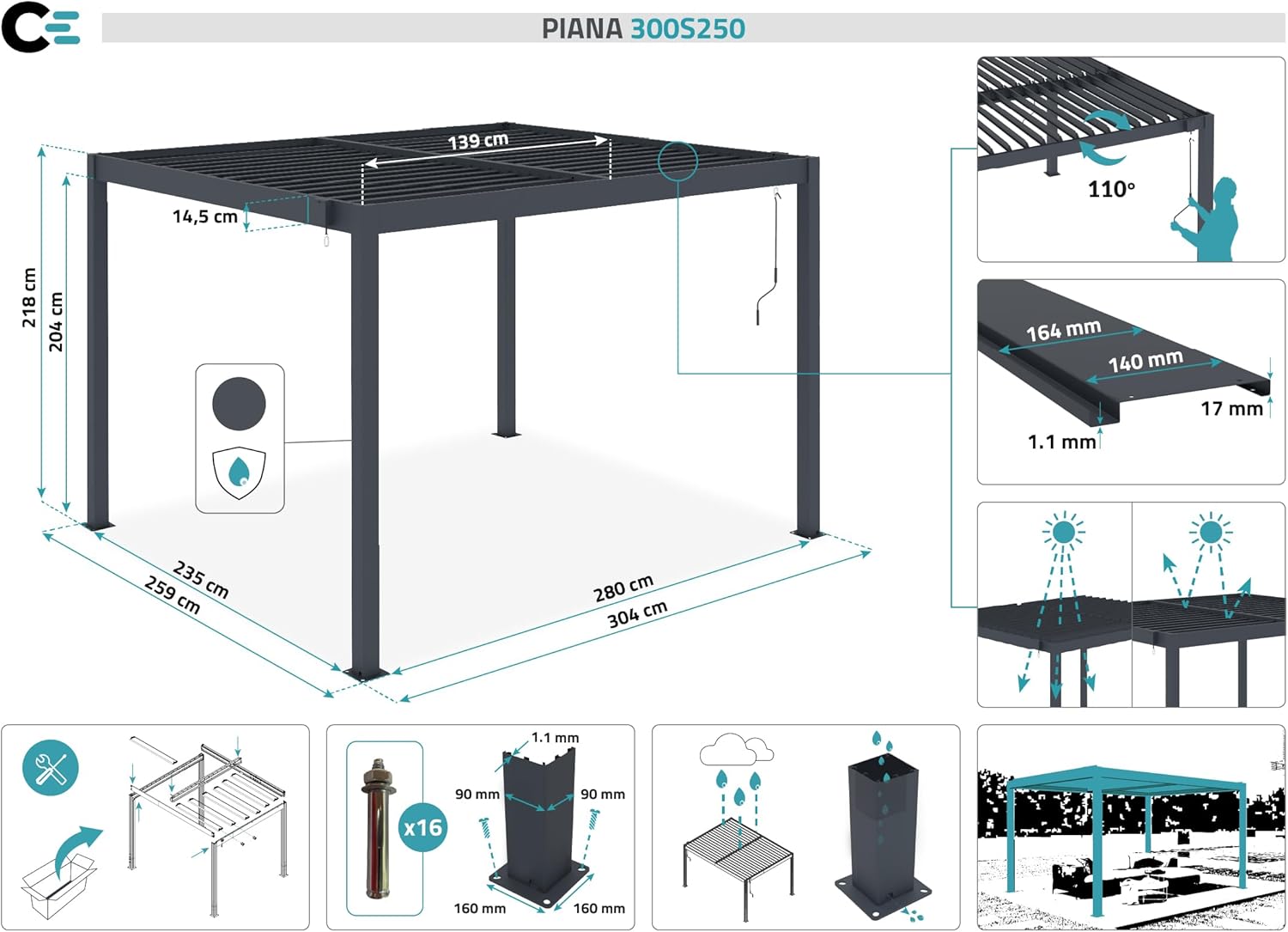 Cazeboo Piana 3x2,5m selbsttragende bioklimatische Pergola aus grauem Aluminium