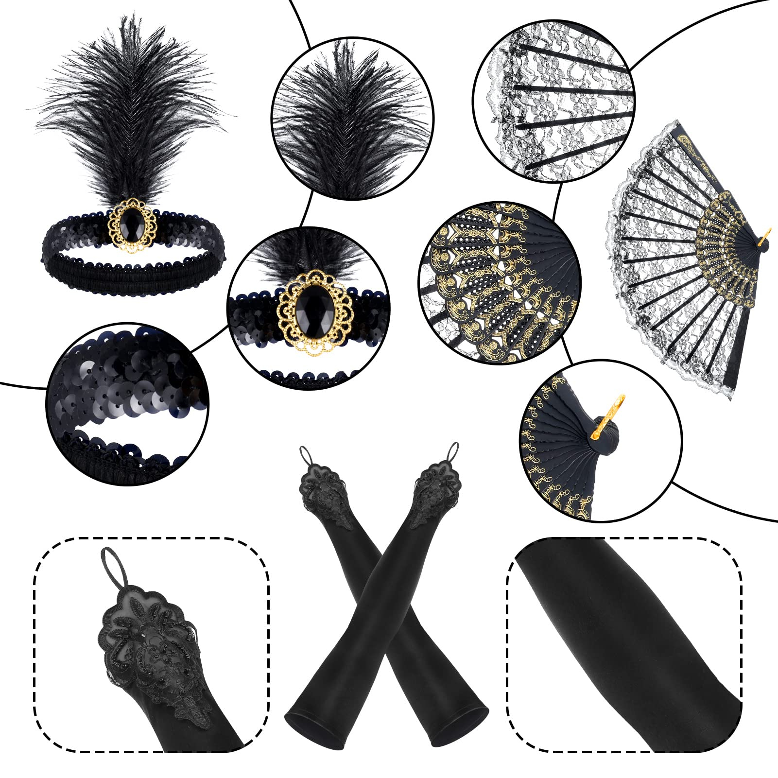 (7-tlg. Set) Fasnachts Kostüm 20er Jahre Verkleidung für Motto Partys / Halloween inkl. Handschuhe / Haarband / Zigarettenhalter / Fächer - Schwarz