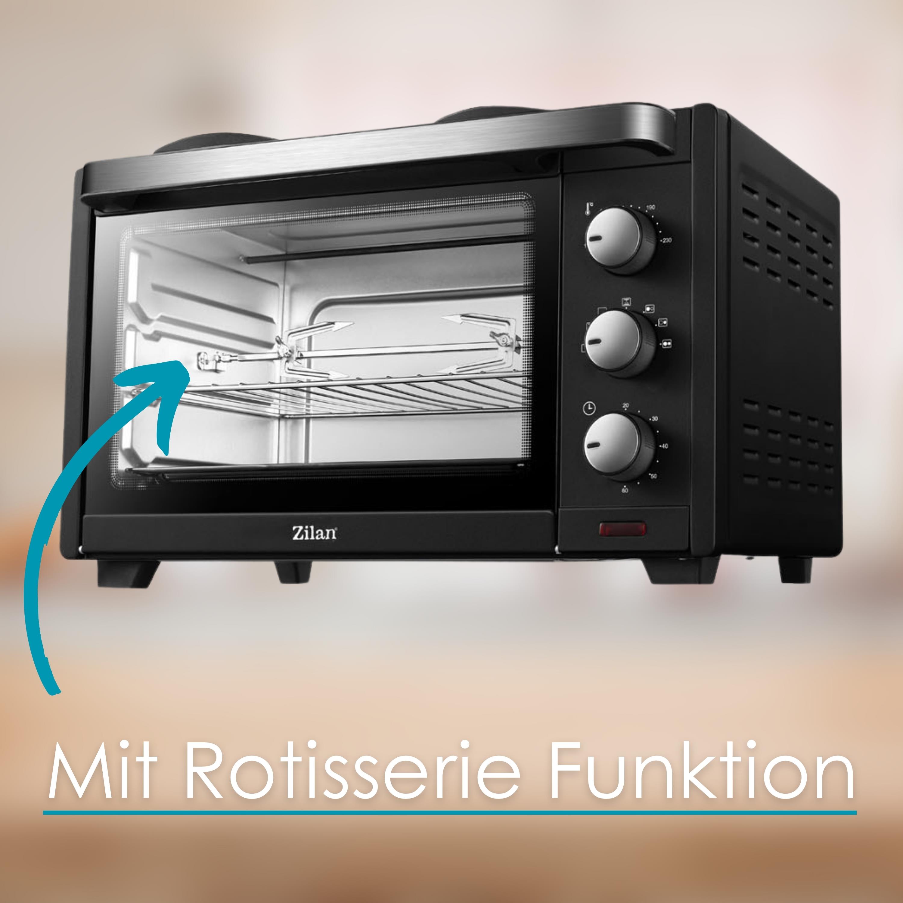 Zilan Minibackofen 28L mit Kochplatten Rotisserie 100-230°C 3200W