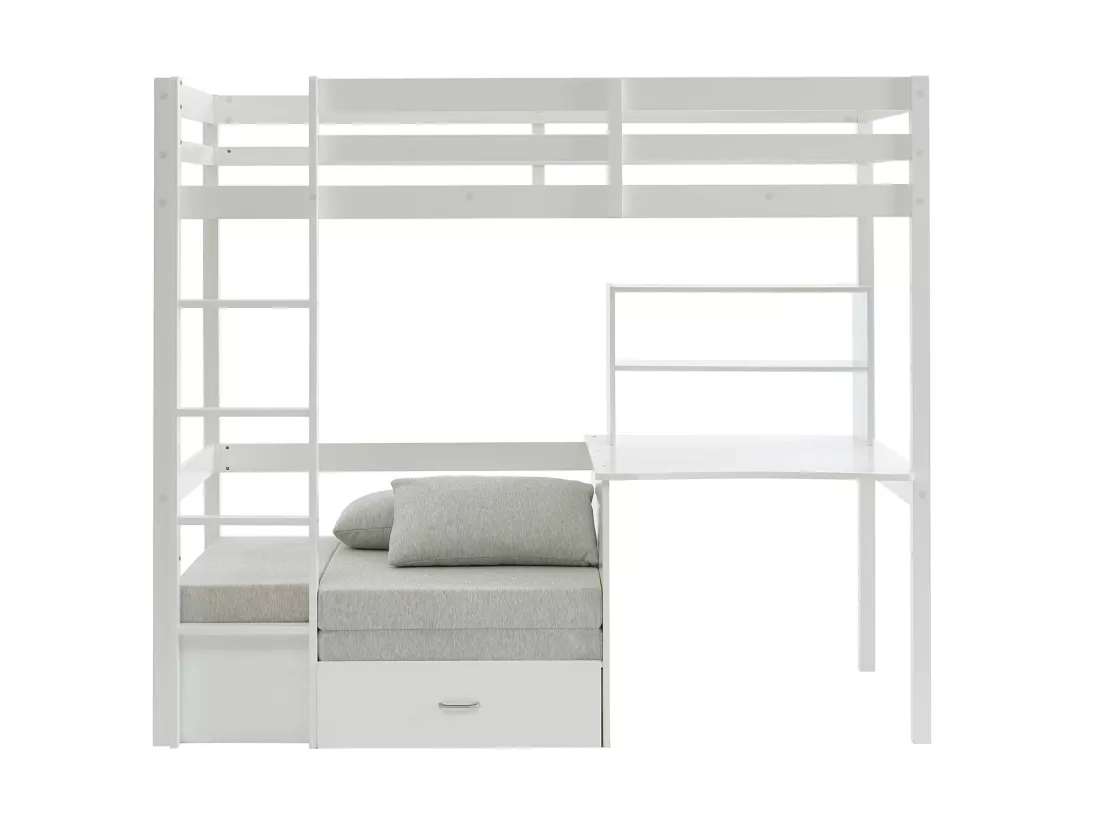 Lit mezzanine 90 x 200 cm avec bureau, sofa convertible et rangements - Pin et MDF - Blanc - GOLIATH III