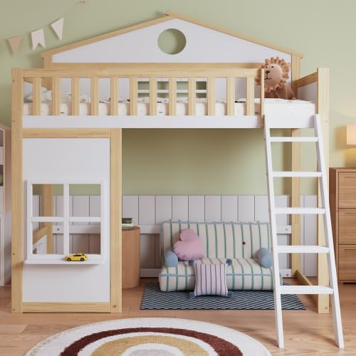 Merax Etagenbett Hausbett für Kinder, 90x200cm, mit Treppe, Fallschutzgitter, Dach und Fenstern, Frei gestaltbares Unterbett, Kiefer & MDF, Weiß+Natur