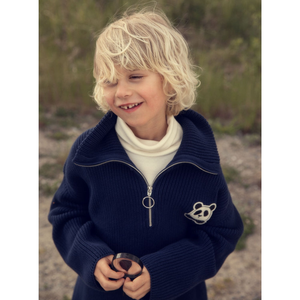 Køb Mini Rodini Blue Panda Patch Chunky Strik Half Zip Sweater