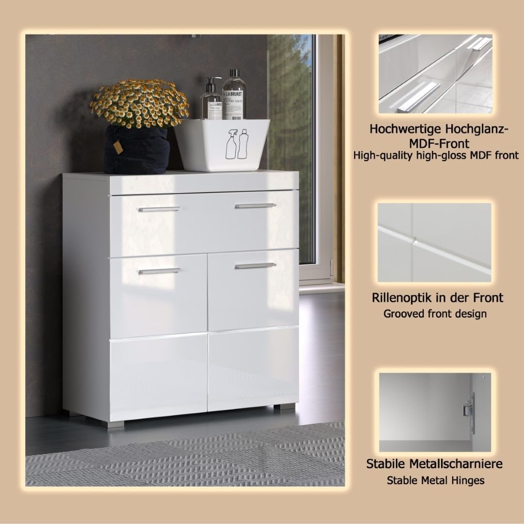 trendteam smart living - Amanda - Kommode - Weiß Hochglanz - Sideboard - (BxHxT) 73 x 79 x 31 cm - 2 Türen mit moderner Fräsung und 1 Schublade - Türanschlag links oder rechts - kratzfest