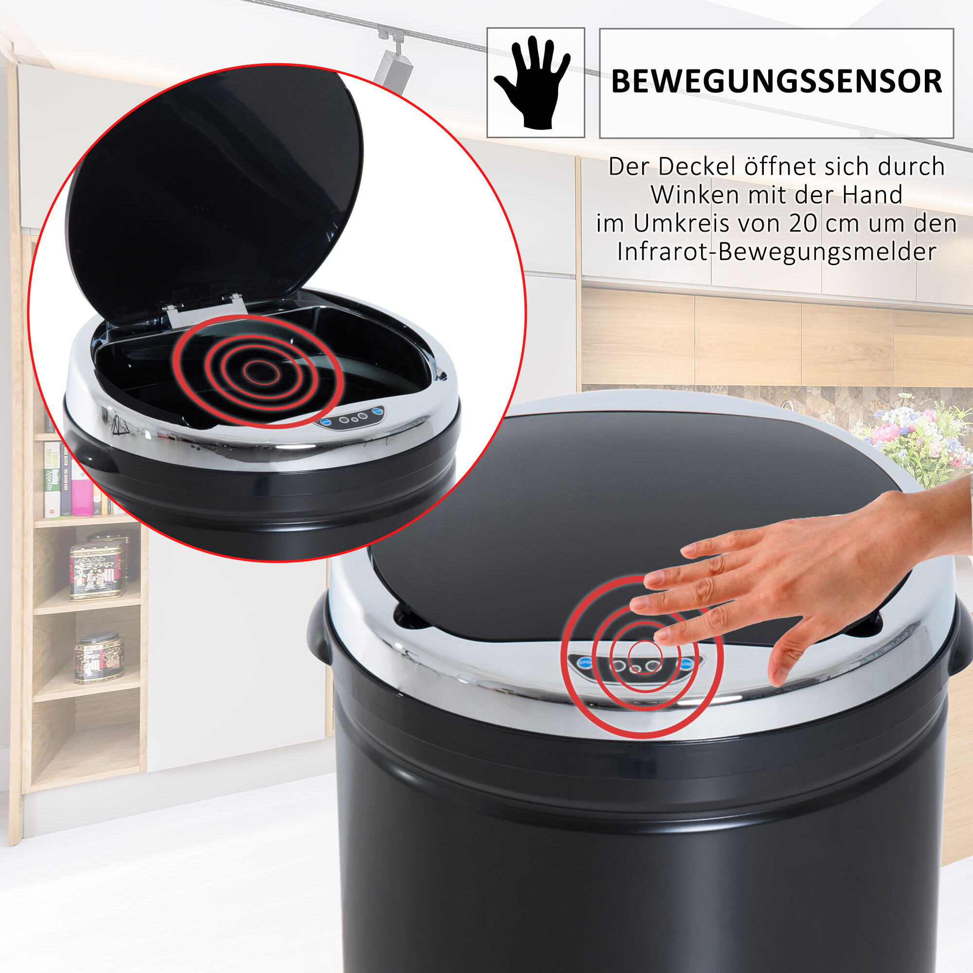 HOMCOM Automatik Mülleimer mit Deckel schwarz 30,5L x 30,5B x 81,5Hcm