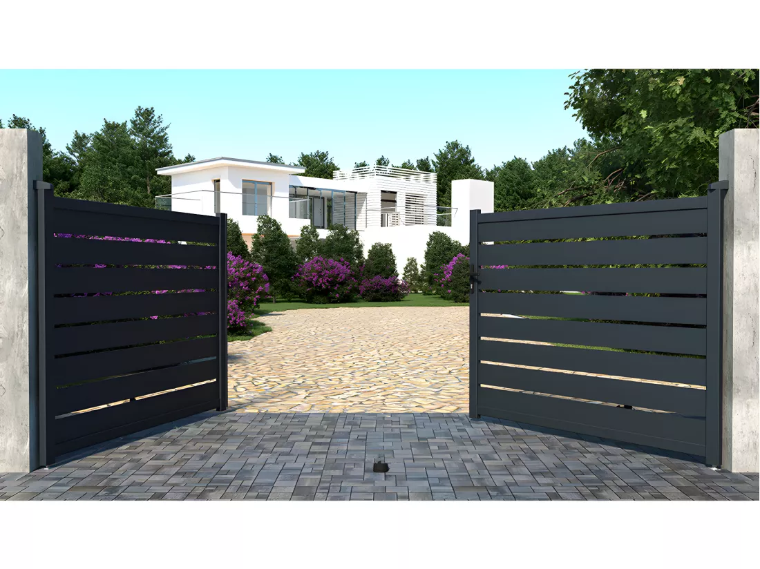 Portail battant aluminium ajouré L397 x H166 cm anthracite - PRIMO