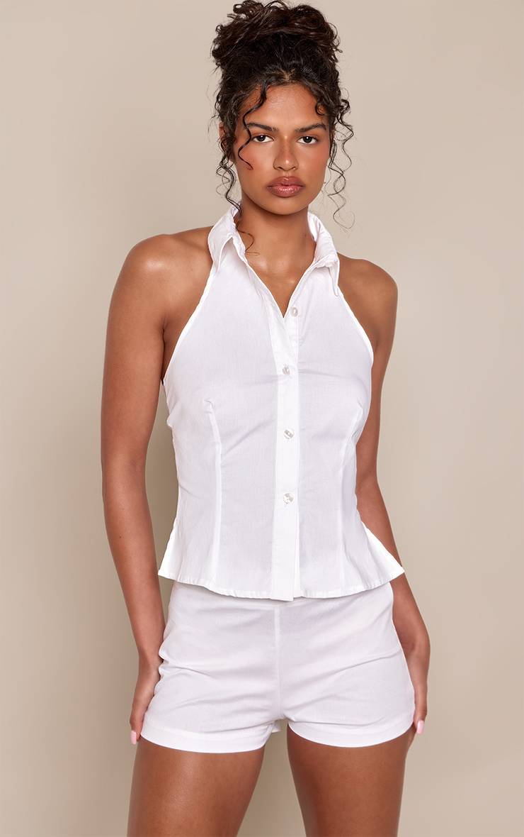 Blanc Ensemble Coordonné Gilet Sans Manches Col Chemisier Popeline Avec Boutons