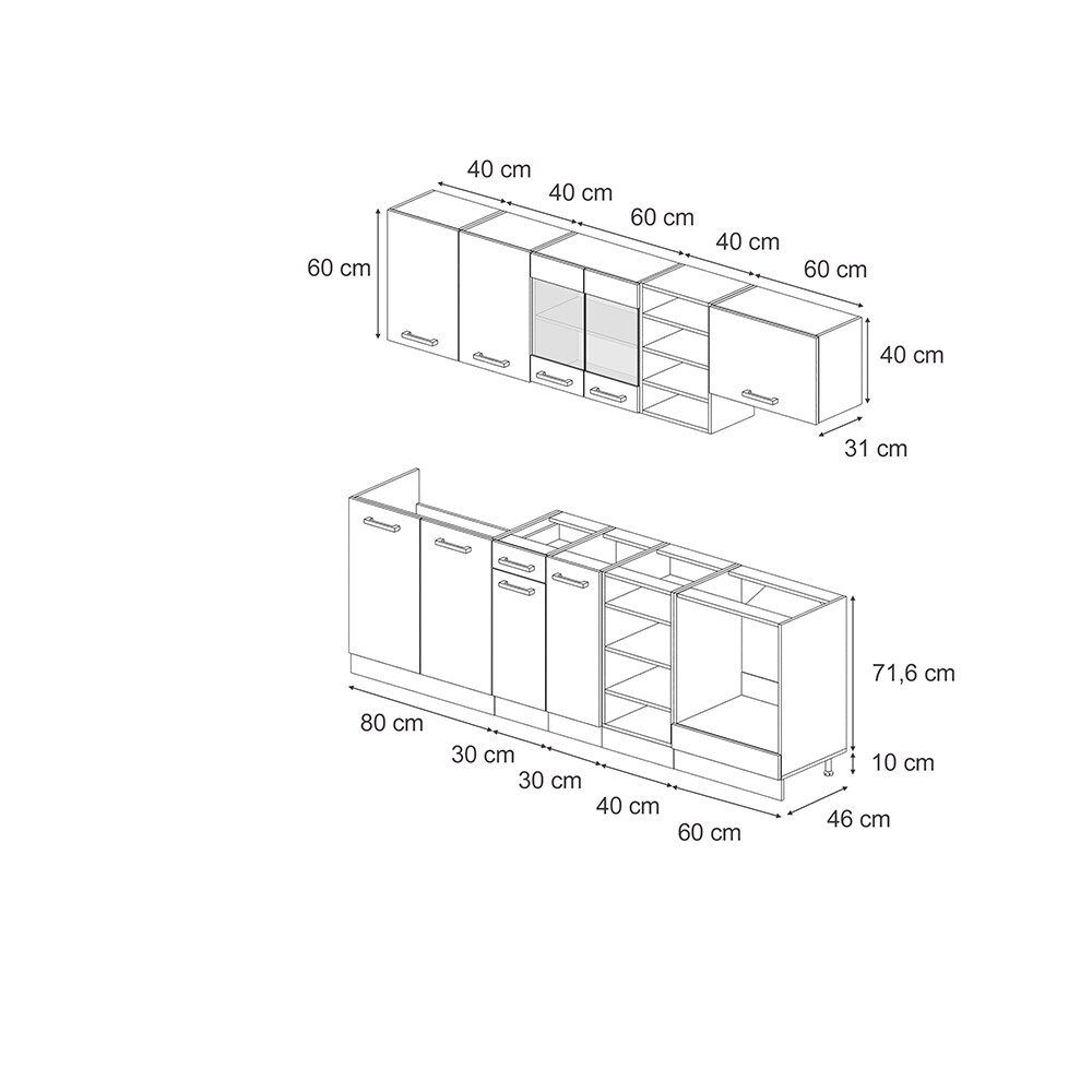 Vicco Küchenzeile R-Line 240 cm Schwarz Beton Weiß ohne Arbeitsplatte