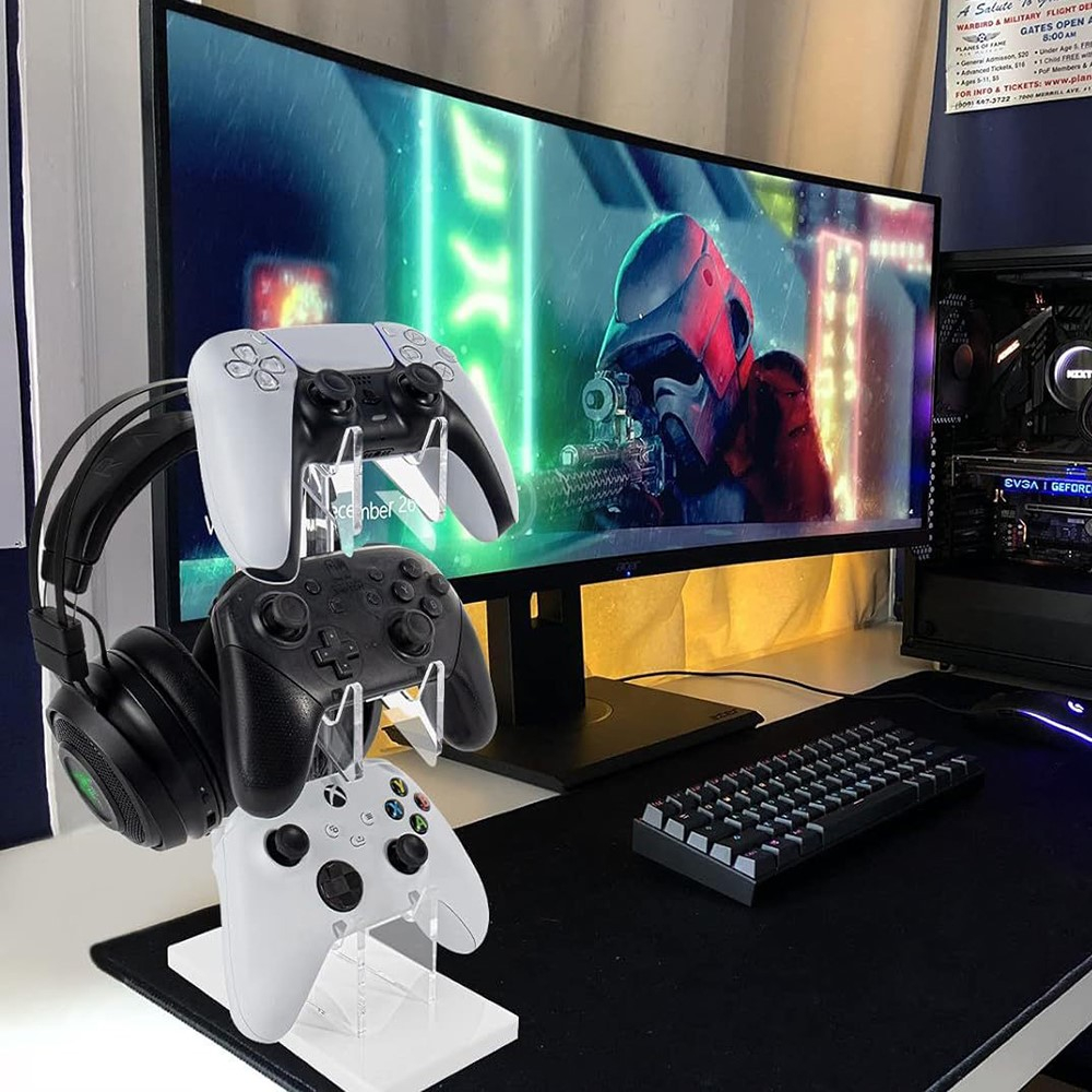 Halterung für 3x Controller und 1x Kopfhörer / Headset kompatibel für Sony PlayStation PS5 / PS4 / Xbox / Nintendo Switch - Transparent / Weiss