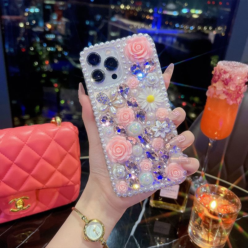 Mobby - Bloemen strass telefoonhoesje - iPhone X / XS / XR / XS Max / 11 / 11 Pro / 11 Pro Max / 12 / 12 Pro / 12 mini / 12 Pro Max / 13 / 13 Pro / 13 mini / 13 Pro Max / 14 / 14 Plus / 14 Pro / 14 Pro Max / 15 / 15 Plus / 15 Pro / 15 Pro Max