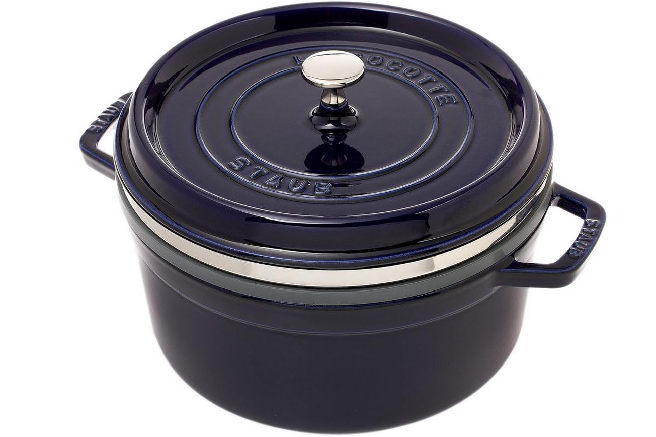 Staub braadpan - cocotte 26cm, 5,2L, blauw met stoominzet