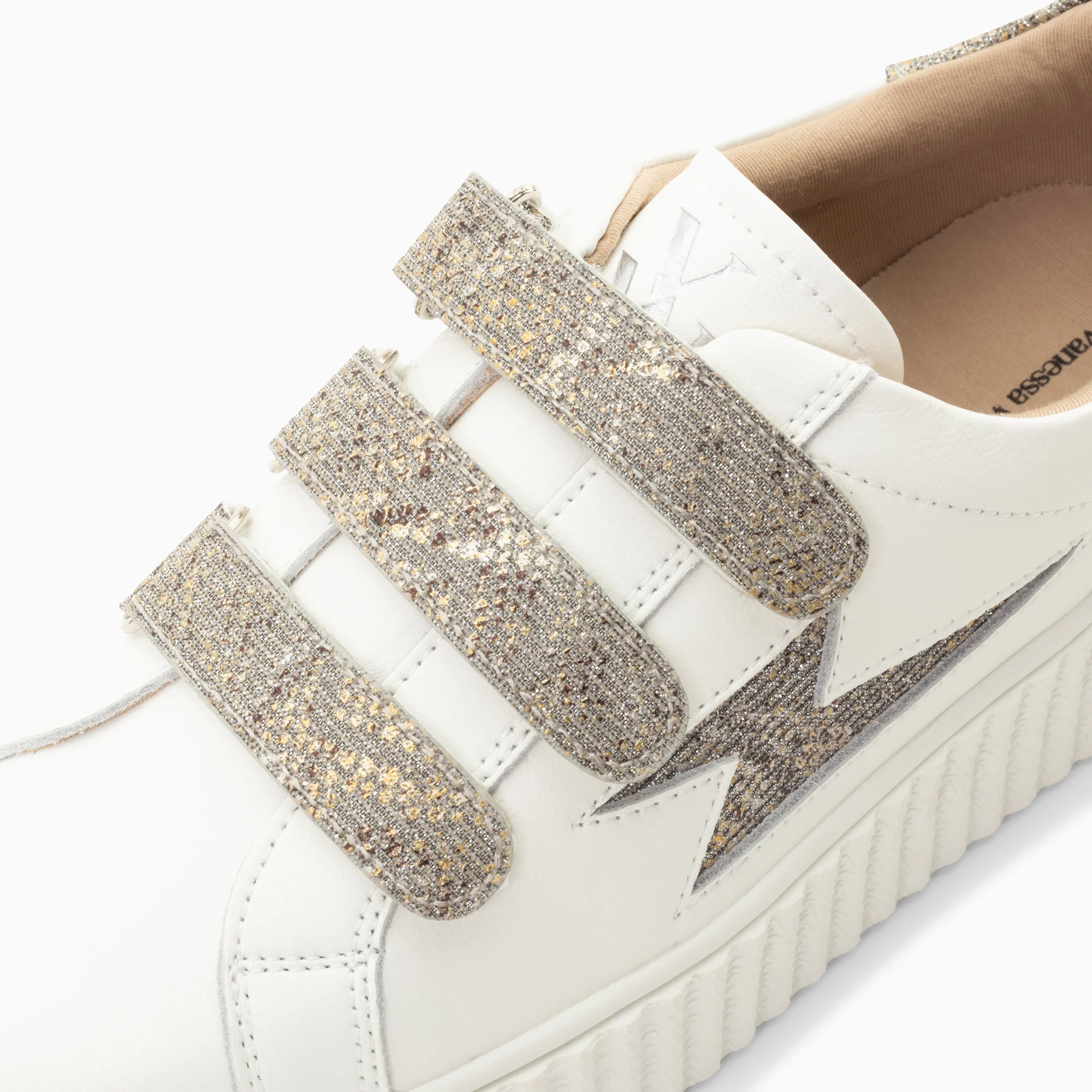 Sneakers-Baskets éclair Jane blanches en cuir à scratchs anthracite