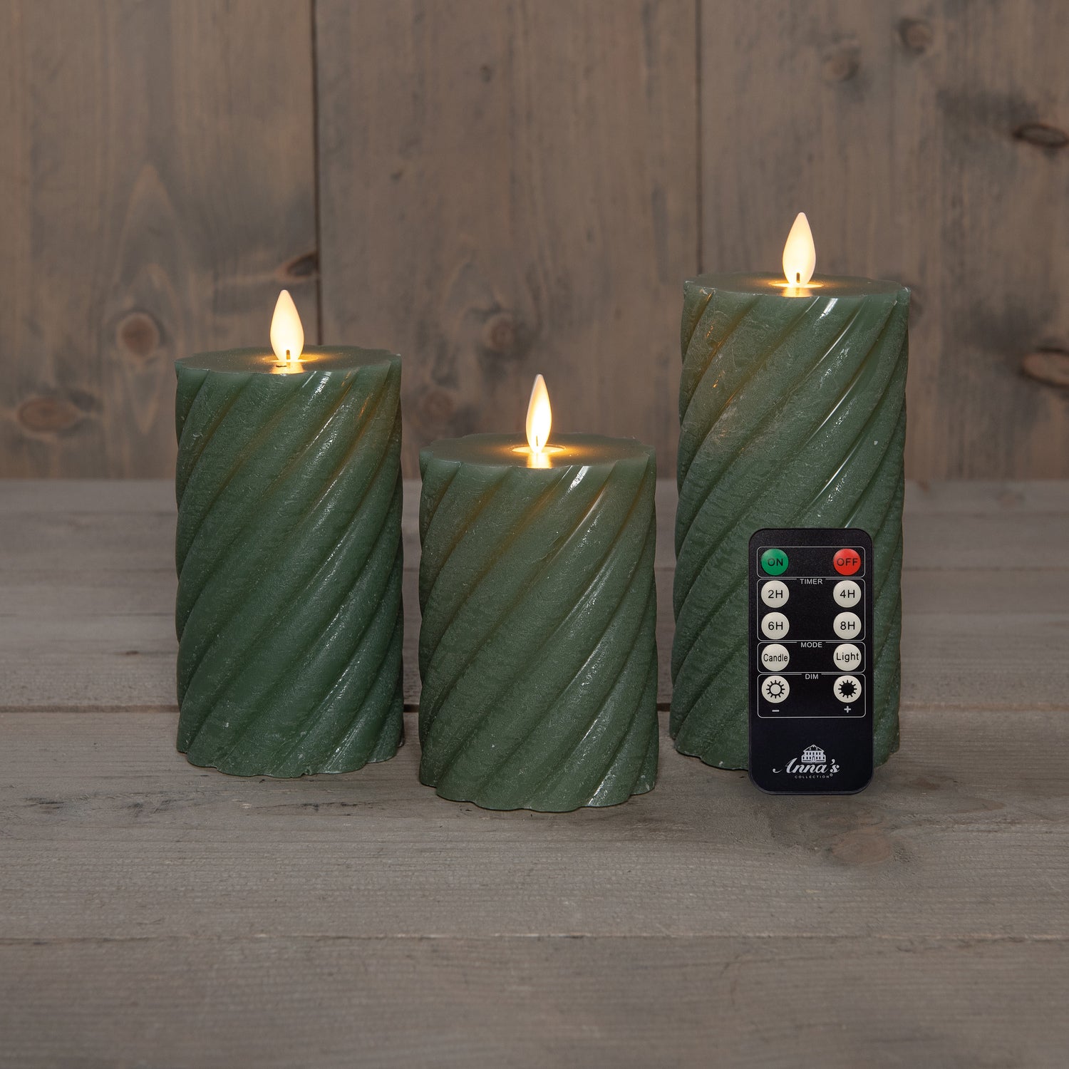 Anna's Collection LED stompkaars Swirl met timer groen D 7,5 H 10 / 12,5 / 15 cm 3 stuks