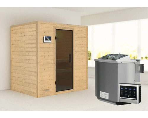 Karibu Sonja blokhutsauna inclusief 9 kW biokachel en externe bedieningseenheid, zonder dakrand, met grafietkleurige volledig glazen deur.