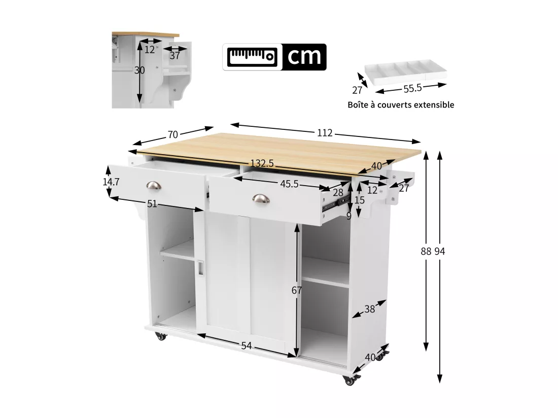Ilot central de cuisine - 2 tiroirs et 2 portes coulissantes - pieds en roulettes ou en bois - Blanc