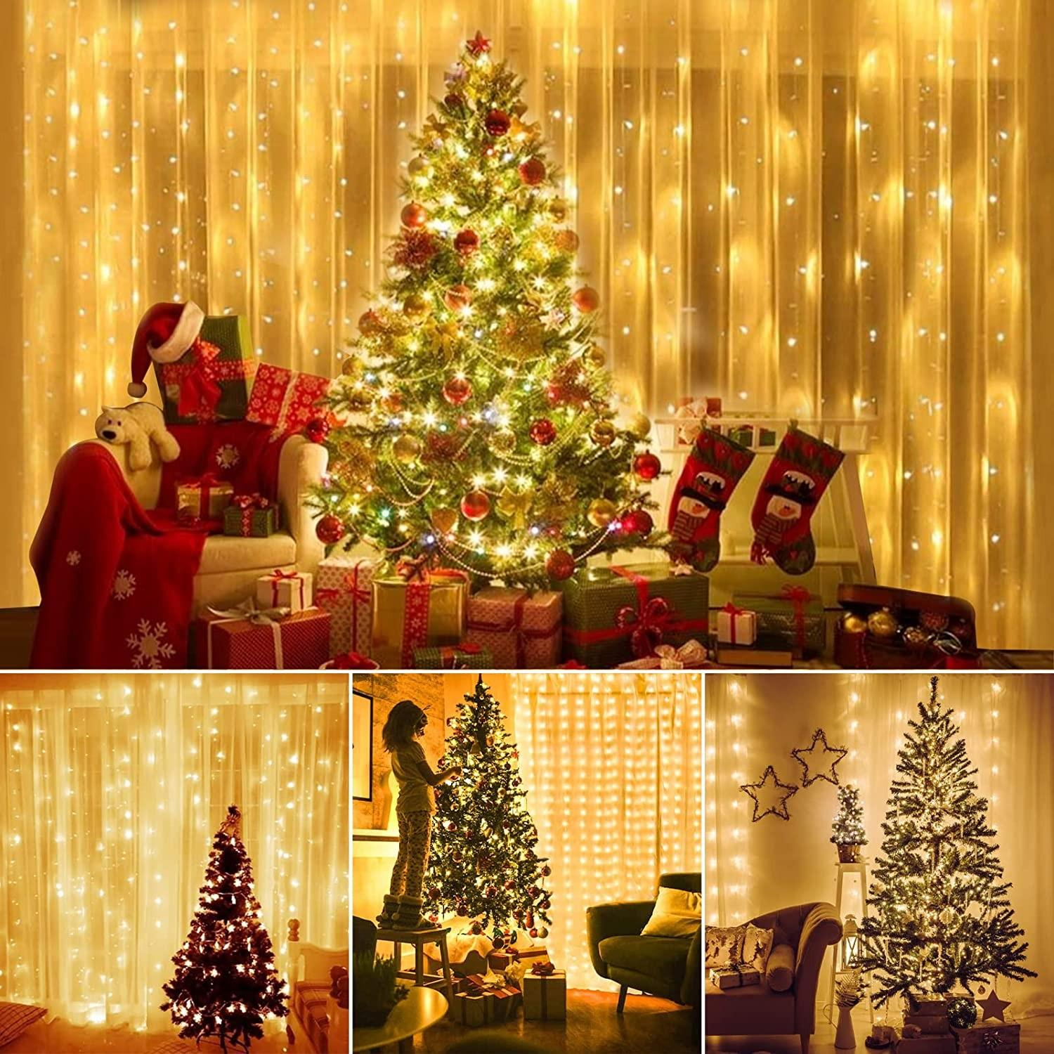 (3x3m) 300 LED's Weihnachts Lichterkette Vorhang Deko USB Beleuchtung 8 Modi   Fernbedienung - Warmweiss