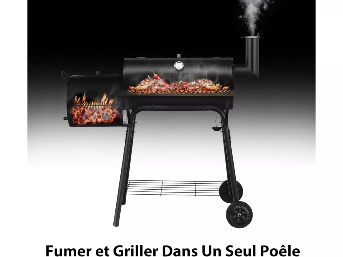 Barbecue à Charbon en Bois avec Fumoir Déporté, Barbecue Portable avec Caisse de Feu Latérale Table Latérale Étagère Poignées en Bois et 2 Roues pour CamBoisg Pique-Nique