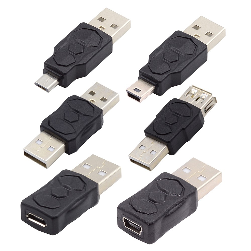 (6er Set) USB A 2.0 auf USB A (m/w.) / Micro USB (m/w.) / Mini USB (m/w.) / Adapter Konverter - Schwarz