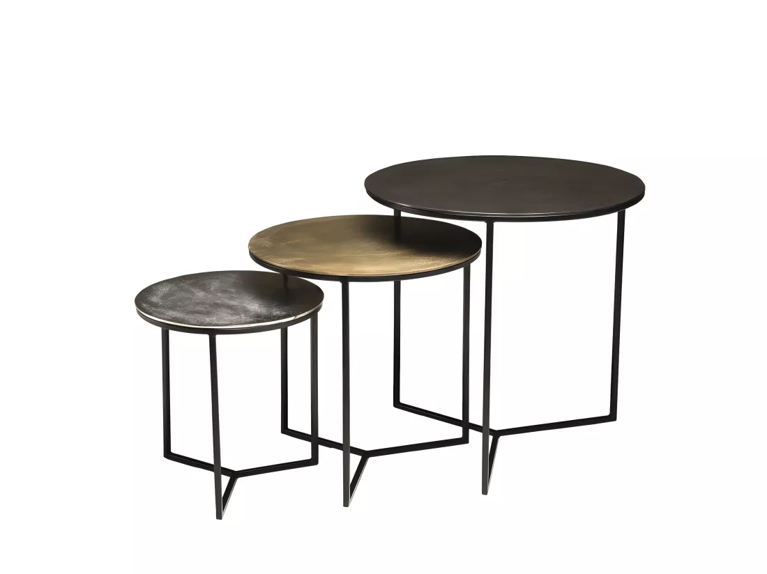 JONAS - Set de 3 tables gigognes rondes aluminium noir doré argenté - pieds métal noir
