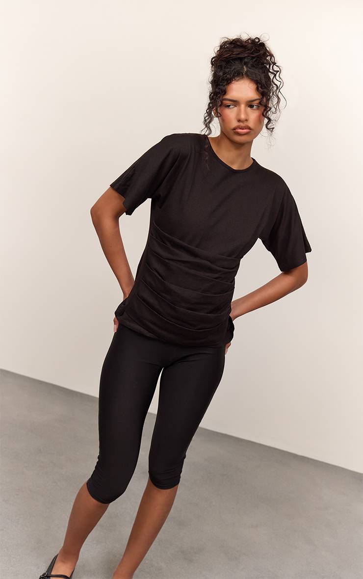 Noir T-shirt À Manches Courtes Avec Panneau Froncé À La Taille En Coton