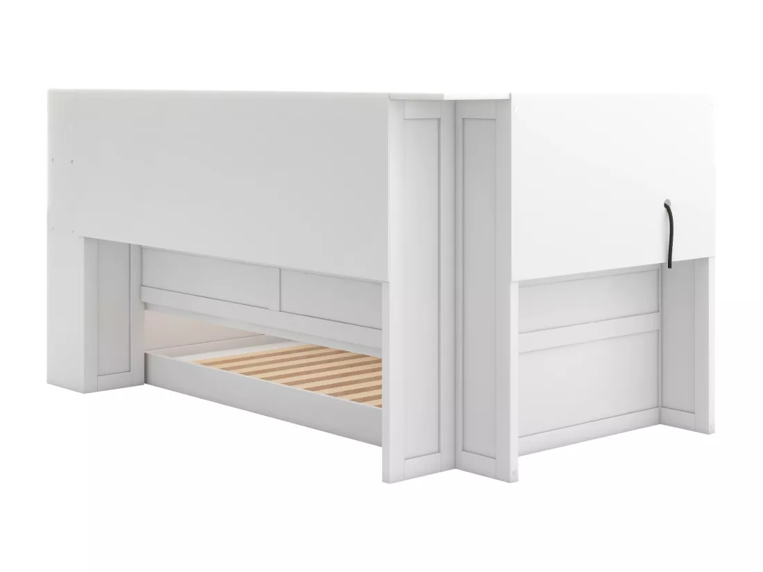 Lit gigogne en bois massif 90x200cm avec Ports de charge USB - entouré d'un cercle de rangements - Blanc
