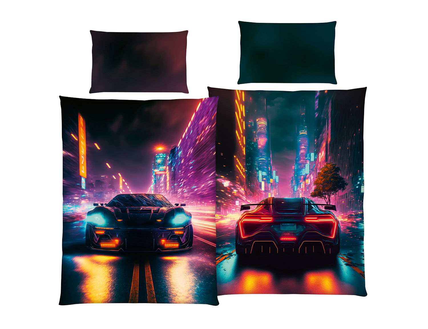 Bettwäsche mit Sportwagen bei Nacht