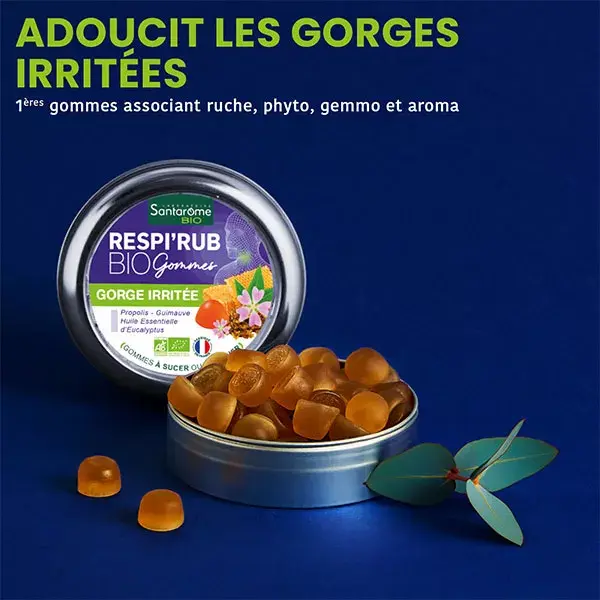 Gomas de mascar orgânicas Santarome Bio Respir'Rub para dor de garganta com própolis 45g