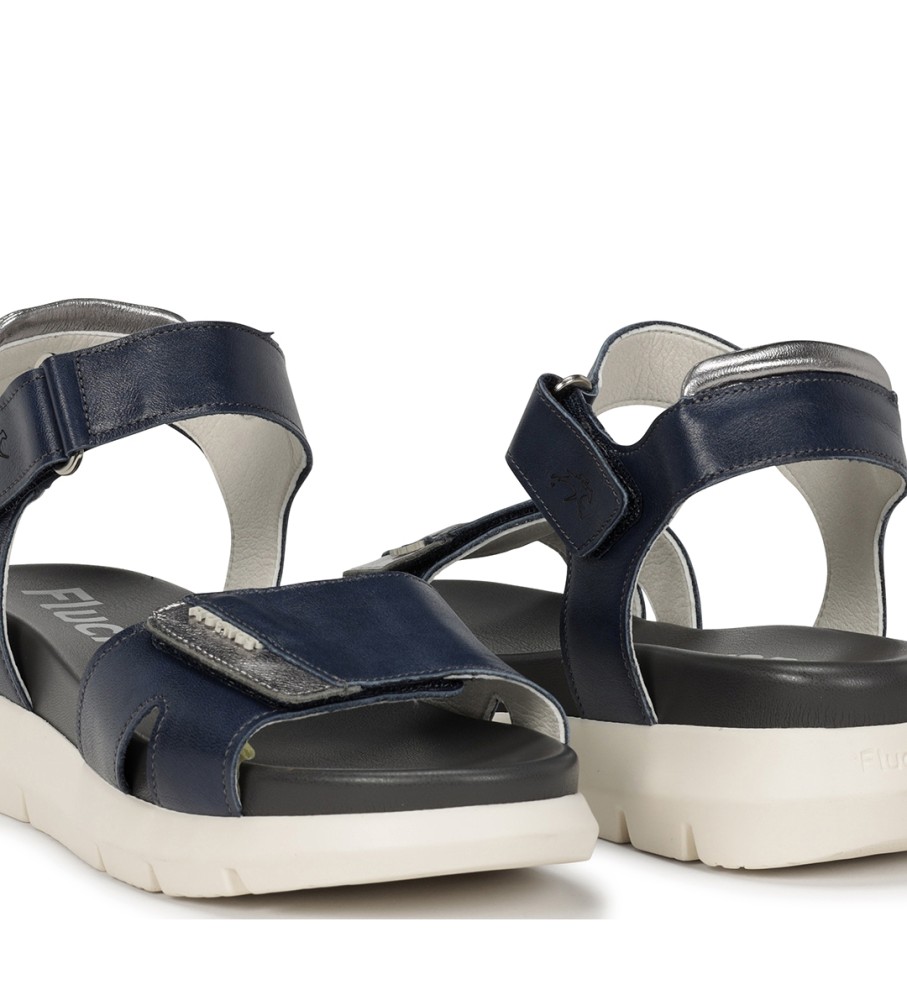 Sandálias Fluchos Hellen em couro, modelo F1708, cor azul marinho - Salto plataforma de 5 cm -