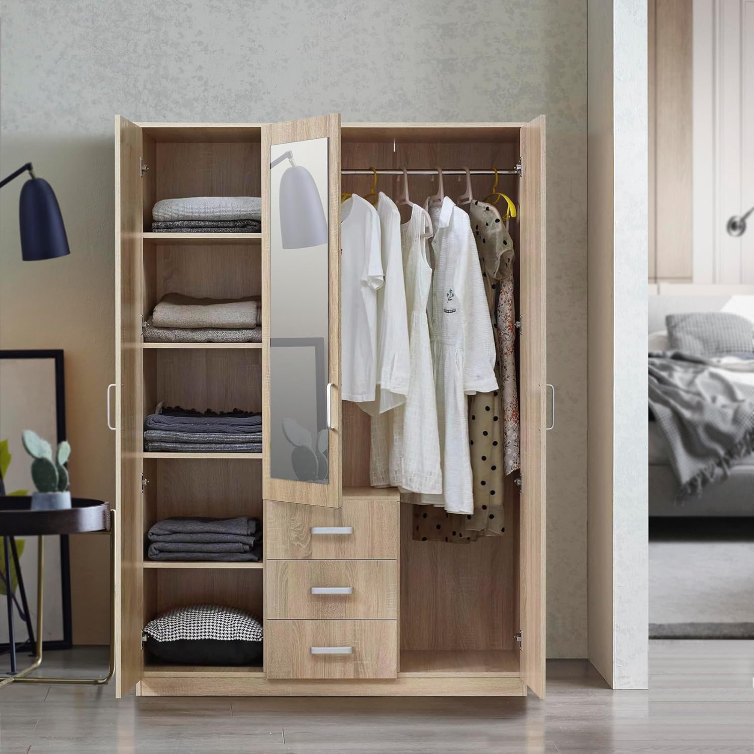[en.casa] Kleiderschrank Bodolz Schrank mit 3 Türen Garderobenschrank mit Spiegel 176 x 120 x 52 cm Schlafzimmerschrank 1 Kleiderstange 3 Schubladen 5 Fächer Sonoma-Eiche