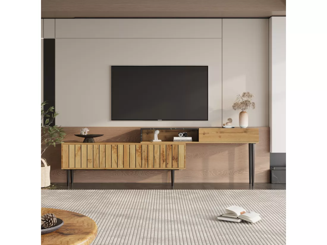 Meuble TV moderne avec design de marbre et de veines de bois -bord en PVC, pieds en fer, couleur bois foncé - 129x30x58cm