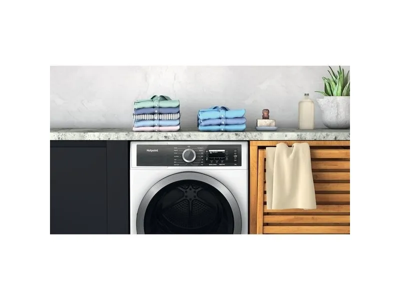 Hotpoint H8 D94WB EU, Fritstående, Front-læsning, Varmepumpe, Hvid, Dreje, Berøring, Højre