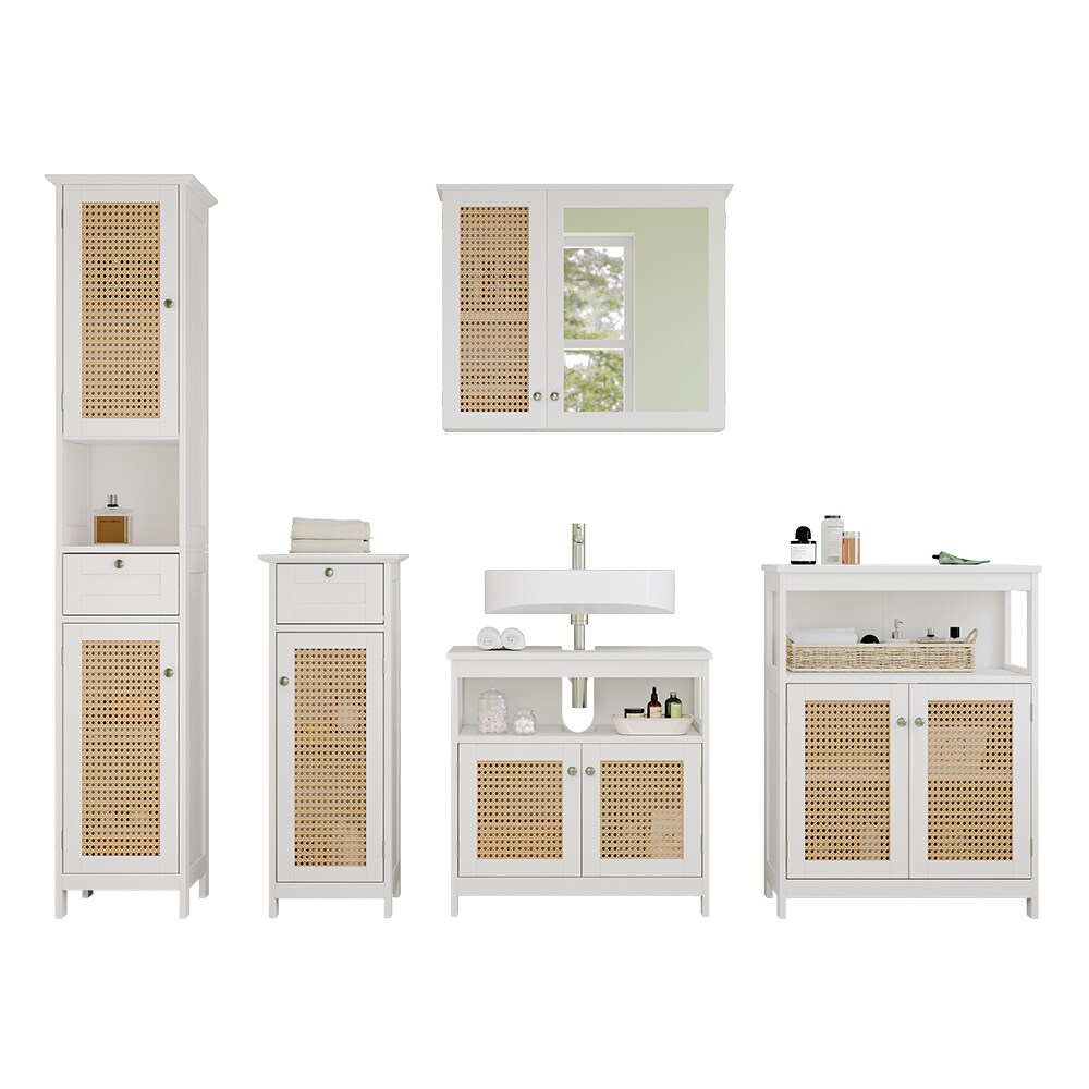 Vicco Badmöbel-Set Rosario, Weiß, moderne Serie, Badezimmer, dekorative Front, Spiegelschrank, Waschtischunterschrank, Midischrank, Hochschrank, Sideboard