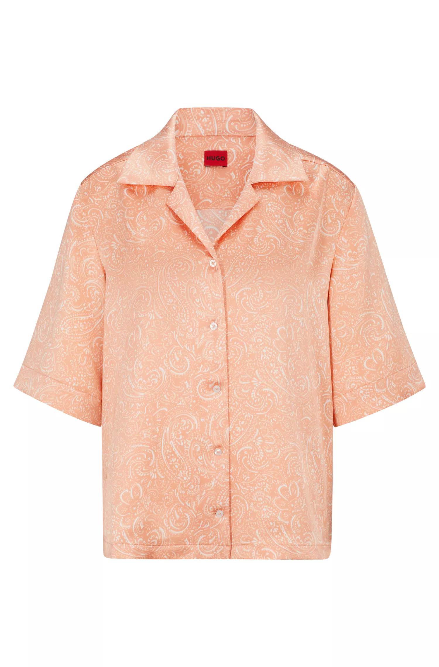 Blusa HUGO vermelha de manga curta com modelagem relaxada em cetim com estampa paisley.