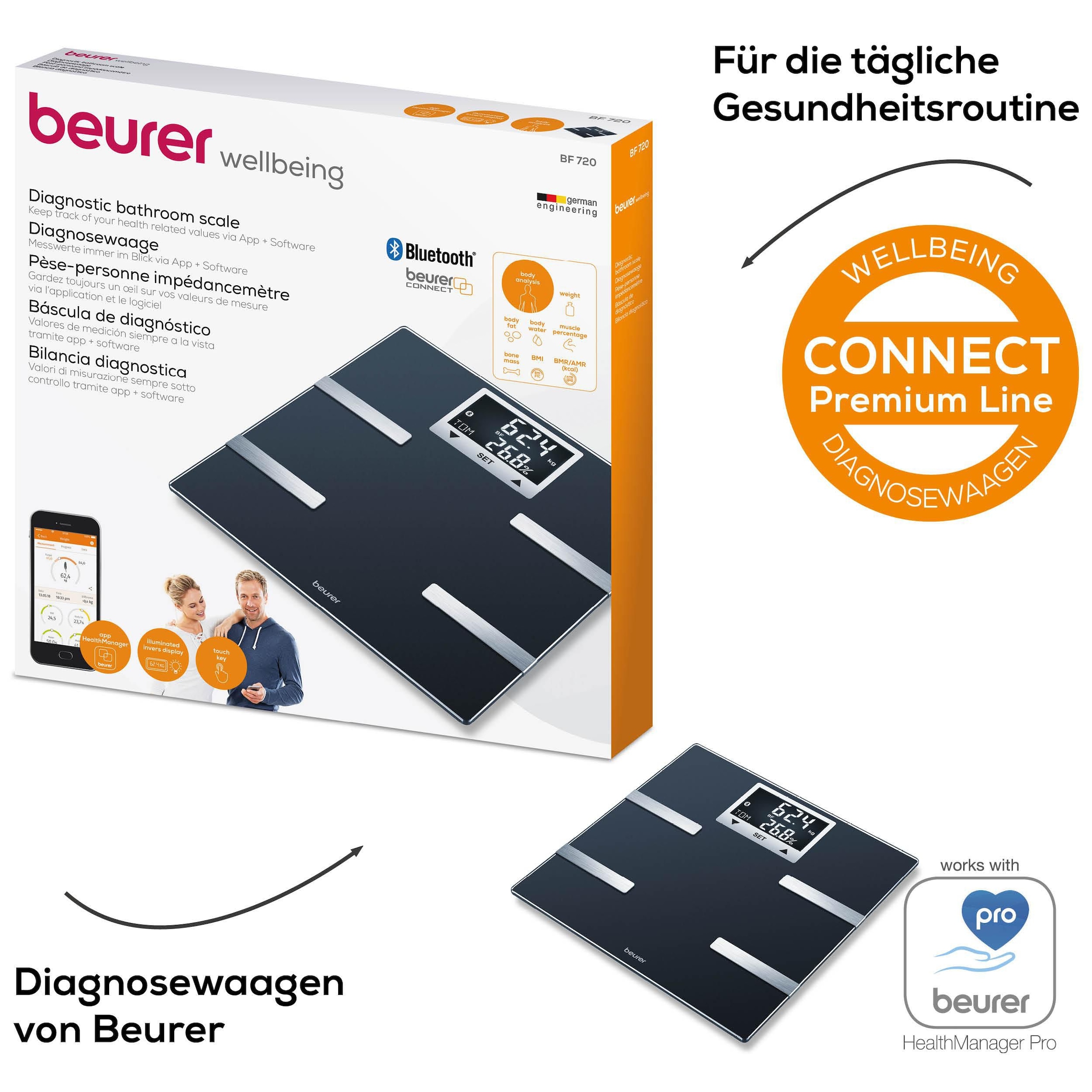 BEURER Körper-Analyse-Waage »BF 720 Messung von Körperfett, Muskelanteil, Kalorienanzeige usw.« Körperanalyse, mit App zur Übertragung und Tracking der Messwerte